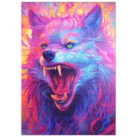 Darstellung des Puzzle Motivs Wilder mehrfarbiger Wolf mit feurigem Gesichtsausdruck - Puzzleteile: 100