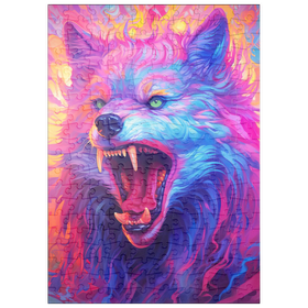 Darstellung des Puzzle-Motivs Wilder mehrfarbiger Wolf mit feurigem Gesichtsausdruck – Puzzleteile: 200