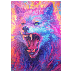Darstellung des Puzzle-Motivs Wilder mehrfarbiger Wolf mit feurigem Gesichtsausdruck – Puzzleteile: 500
