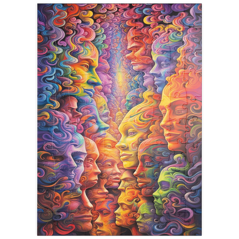 Darstellung des Puzzle Motivs Surreale Gesichter in einem lebendigen abstrakten Fluss puzzleplate Surreal Faces in Vivid Abstract Flow 100 Puzzle