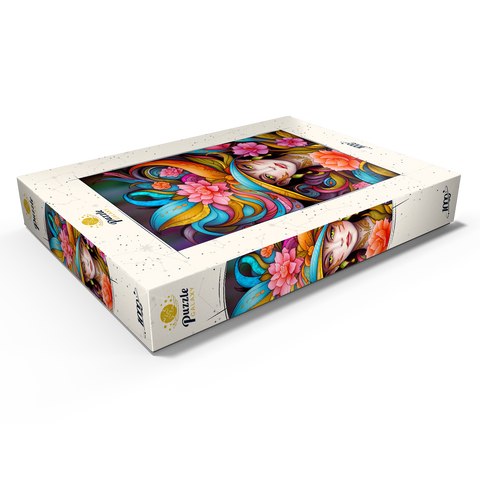 Darstellung des Puzzle Motivs Lebhafte Blumenfrau mit exotischer Eleganz Vibrant Floral Lady with Exotic Elegance 1000 Puzzle Schachtel Ansicht1