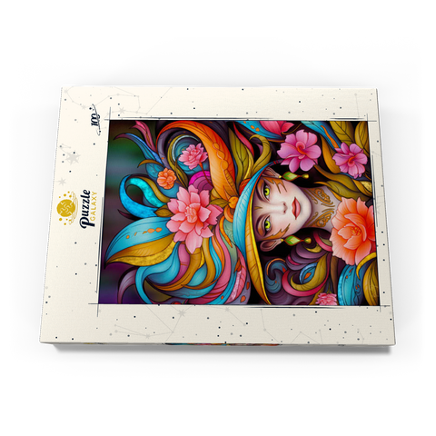 Darstellung des Puzzle Motivs Lebhafte Blumenfrau mit exotischer Eleganz Vibrant Floral Lady with Exotic Elegance 100 Puzzle Schachtel Ansicht3
