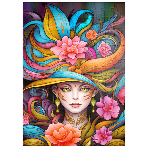 Darstellung des Puzzle Motivs Lebhafte Blumenfrau mit exotischer Eleganz puzzleplate Vibrant Floral Lady with Exotic Elegance 100 Puzzle