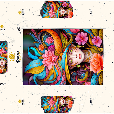 Darstellung des Puzzle Motivs Lebhafte Blumenfrau mit exotischer Eleganz Vibrant Floral Lady with Exotic Elegance 100 Puzzle Schachtel 3D Modell