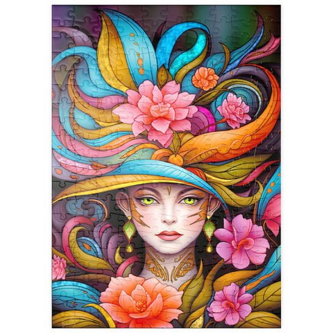Darstellung des Puzzle Motivs Lebhafte Blumenfrau mit exotischer Eleganz puzzleplate Vibrant Floral Lady with Exotic Elegance 200 Puzzle