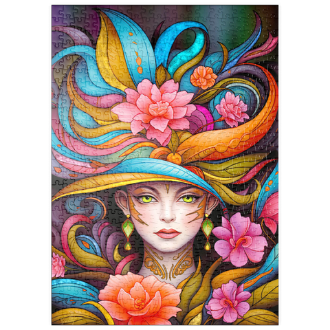Darstellung des Puzzle Motivs Lebhafte Blumenfrau mit exotischer Eleganz puzzleplate Vibrant Floral Lady with Exotic Elegance 500 Puzzle