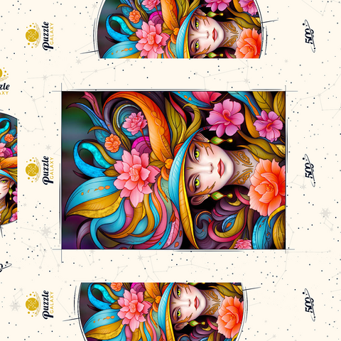Darstellung des Puzzle Motivs Lebhafte Blumenfrau mit exotischer Eleganz Vibrant Floral Lady with Exotic Elegance 500 Puzzle Schachtel 3D Modell