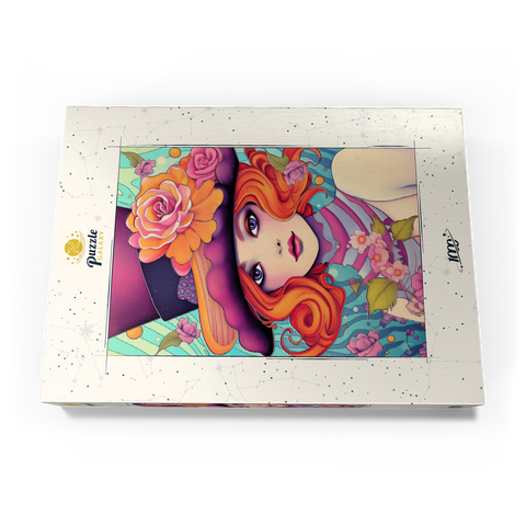 Darstellung des Puzzle Motivs Verspielte Rothaarige mit Blumenhut Whimsical Redhead in Floral Top Hat 1000 Puzzle Schachtel Ansicht3