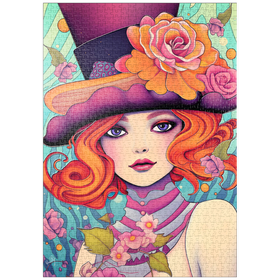 Darstellung des Puzzle-Motivs Verspielte Rothaarige mit Blumenhut – Puzzleteile: 1000