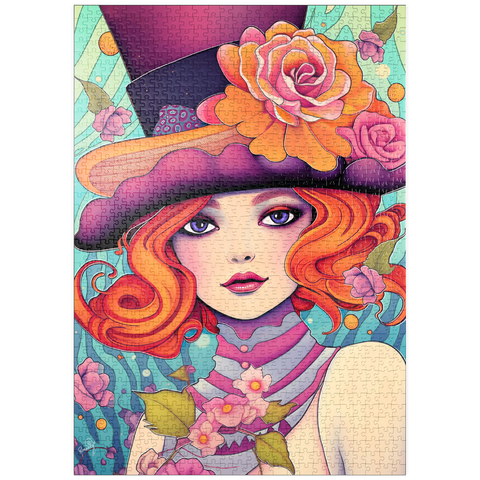 Darstellung des Puzzle Motivs Verspielte Rothaarige mit Blumenhut puzzleplate Whimsical Redhead in Floral Top Hat 1000 Puzzle