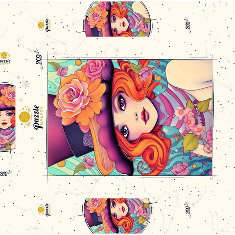 Darstellung des Puzzle Motivs Verspielte Rothaarige mit Blumenhut Whimsical Redhead in Floral Top Hat 200 Puzzle Schachtel 3D Modell