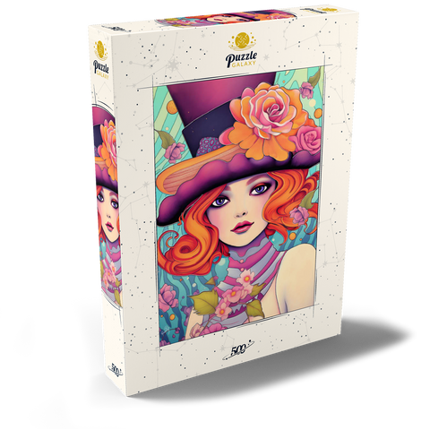 Darstellung des Puzzle Motivs Verspielte Rothaarige mit Blumenhut Whimsical Redhead in Floral Top Hat 500 Puzzle Schachtel Ansicht2