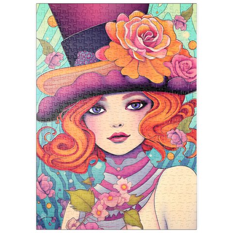 Darstellung des Puzzle Motivs Verspielte Rothaarige mit Blumenhut puzzleplate Whimsical Redhead in Floral Top Hat 500 Puzzle