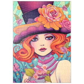 Darstellung des Puzzle Motivs Verspielte Rothaarige mit Blumenhut - Puzzleteile: 500