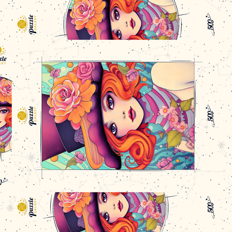 Darstellung des Puzzle Motivs Verspielte Rothaarige mit Blumenhut Whimsical Redhead in Floral Top Hat 500 Puzzle Schachtel 3D Modell