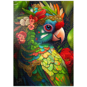 Darstellung des Puzzle-Motivs Bunter tropischer Papagei mit Blumenkrone – Puzzleteile: 1000