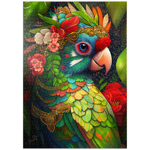 Darstellung des Puzzle Motivs Bunter tropischer Papagei mit Blumenkrone puzzleplate Colorful Tropical Parrot with Floral Crown 1000 Puzzle