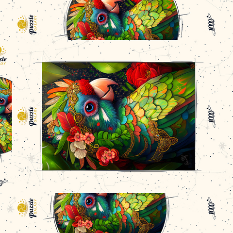 Darstellung des Puzzle Motivs Bunter tropischer Papagei mit Blumenkrone Colorful Tropical Parrot with Floral Crown 1000 Puzzle Schachtel 3D Modell