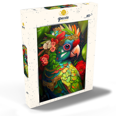 Darstellung des Puzzle Motivs Bunter tropischer Papagei mit Blumenkrone Colorful Tropical Parrot with Floral Crown 100 Puzzle Schachtel Ansicht2