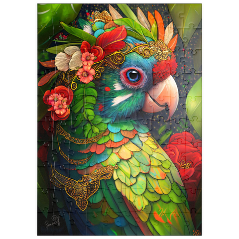 Darstellung des Puzzle Motivs Bunter tropischer Papagei mit Blumenkrone puzzleplate Colorful Tropical Parrot with Floral Crown 100 Puzzle