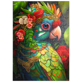 Darstellung des Puzzle Motivs Bunter tropischer Papagei mit Blumenkrone - Puzzleteile: 100