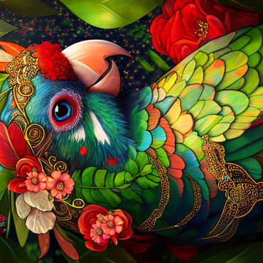 Darstellung des Puzzle Motivs Colorful Tropical Parrot with Floral Crown 100 Puzzle 3D Modell