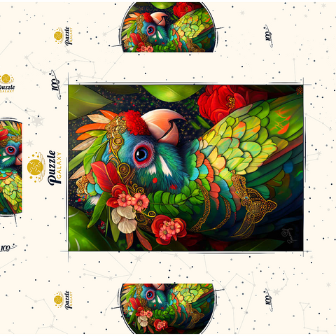 Darstellung des Puzzle Motivs Bunter tropischer Papagei mit Blumenkrone Colorful Tropical Parrot with Floral Crown 100 Puzzle Schachtel 3D Modell
