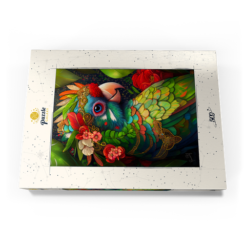 Darstellung des Puzzle Motivs Bunter tropischer Papagei mit Blumenkrone Colorful Tropical Parrot with Floral Crown 500 Puzzle Schachtel Ansicht3