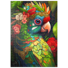 Darstellung des Puzzle-Motivs Bunter tropischer Papagei mit Blumenkrone – Puzzleteile: 500