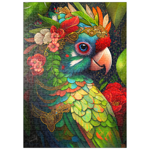 Darstellung des Puzzle Motivs Bunter tropischer Papagei mit Blumenkrone puzzleplate Colorful Tropical Parrot with Floral Crown 500 Puzzle