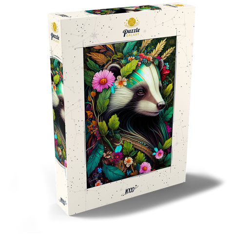 Darstellung des Puzzle Motivs Blumenkranz-Dachs im Zauberwald Floral Crowned Badger in Enchanted Forest 1000 Puzzle Schachtel Ansicht2