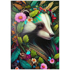 Darstellung des Puzzle-Motivs Blumenkranz-Dachs im Zauberwald – Puzzleteile: 1000