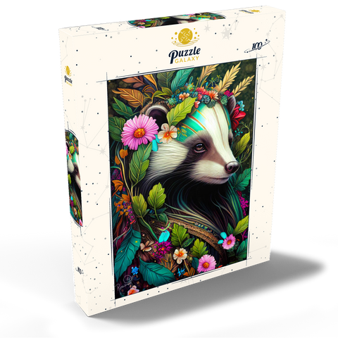 Darstellung des Puzzle Motivs Blumenkranz-Dachs im Zauberwald Floral Crowned Badger in Enchanted Forest 100 Puzzle Schachtel Ansicht2