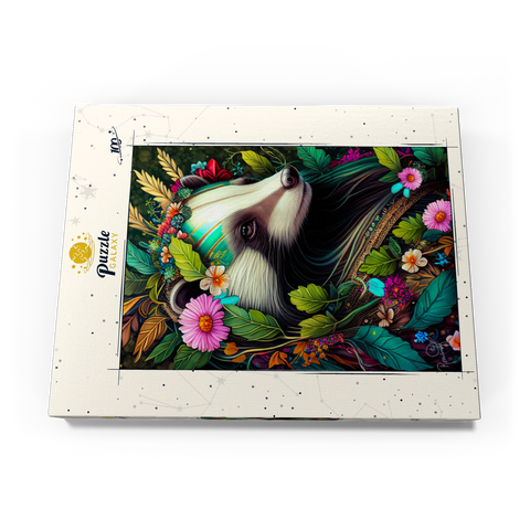 Darstellung des Puzzle Motivs Blumenkranz-Dachs im Zauberwald Floral Crowned Badger in Enchanted Forest 100 Puzzle Schachtel Ansicht3