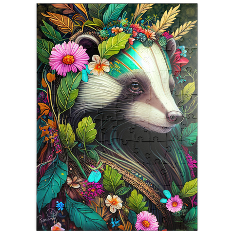 Darstellung des Puzzle Motivs Blumenkranz-Dachs im Zauberwald puzzleplate Floral Crowned Badger in Enchanted Forest 100 Puzzle