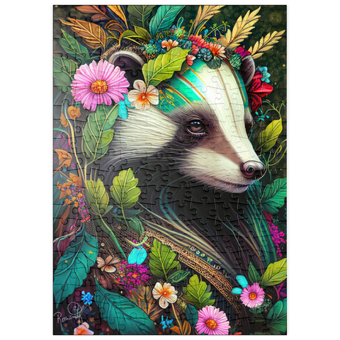 Darstellung des Puzzle Motivs Blumenkranz-Dachs im Zauberwald puzzleplate Floral Crowned Badger in Enchanted Forest 200 Puzzle