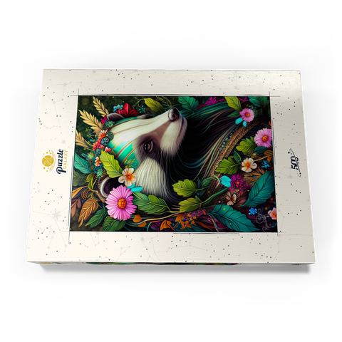 Darstellung des Puzzle Motivs Blumenkranz-Dachs im Zauberwald Floral Crowned Badger in Enchanted Forest 500 Puzzle Schachtel Ansicht3