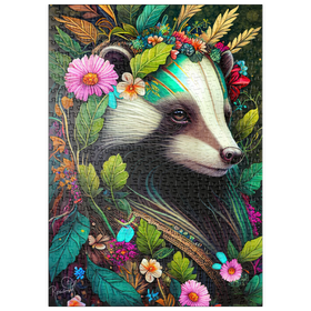 Darstellung des Puzzle Motivs Blumenkranz-Dachs im Zauberwald - Puzzleteile: 500