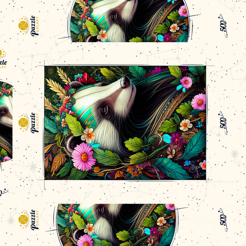Darstellung des Puzzle Motivs Blumenkranz-Dachs im Zauberwald Floral Crowned Badger in Enchanted Forest 500 Puzzle Schachtel 3D Modell