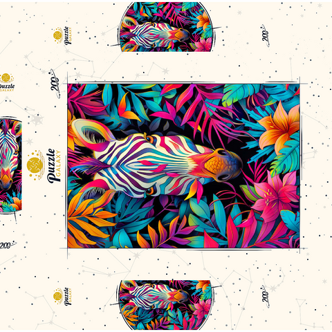 Darstellung des Puzzle Motivs Lebhaftes Zebra im tropischen Dschungel Vibrant Zebra in Tropical Jungle 200 Puzzle Schachtel 3D Modell