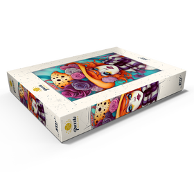Darstellung des Puzzle Motivs Verspieltes Porträt einer Frau mit orangefarbenen Haaren und Blumenhut - Puzzleteile: 1000