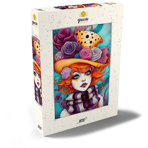 Darstellung des Puzzle Motivs Verspieltes Porträt einer Frau mit orangefarbenen Haaren und Blumenhut Whimsical Portrait of a Woman with Orange Hair and Floral Hat 1000 Puzzle Schachtel Ansicht2