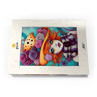Darstellung des Puzzle Motivs Whimsical Portrait of a Woman with Orange Hair and Floral Hat 1000 Puzzle Schachtel Ansicht3