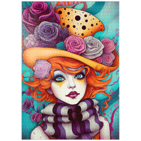Darstellung des Puzzle-Motivs Verspieltes Porträt einer Frau mit orangefarbenen Haaren und Blumenhut – Puzzleteile: 1000