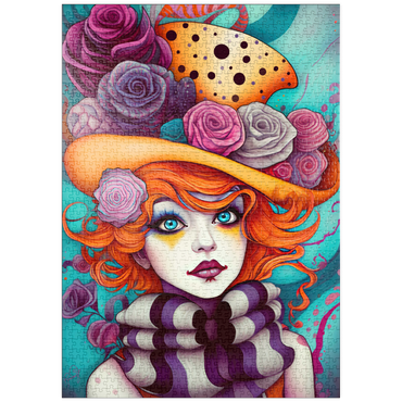 Darstellung des Puzzle Motivs puzzleplate Whimsical Portrait of a Woman with Orange Hair and Floral Hat 1000 Puzzle