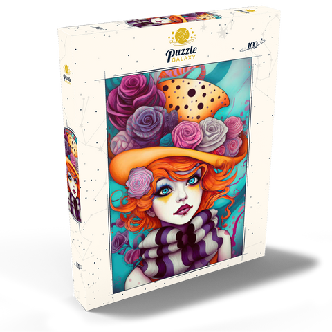 Darstellung des Puzzle Motivs Verspieltes Porträt einer Frau mit orangefarbenen Haaren und Blumenhut Whimsical Portrait of a Woman with Orange Hair and Floral Hat 100 Puzzle Schachtel Ansicht2