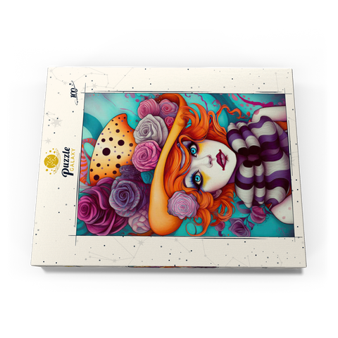 Darstellung des Puzzle Motivs Verspieltes Porträt einer Frau mit orangefarbenen Haaren und Blumenhut Whimsical Portrait of a Woman with Orange Hair and Floral Hat 100 Puzzle Schachtel Ansicht3