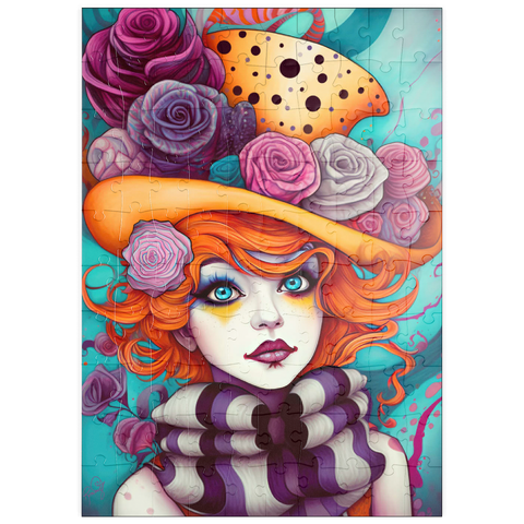 Darstellung des Puzzle Motivs Verspieltes Porträt einer Frau mit orangefarbenen Haaren und Blumenhut puzzleplate Whimsical Portrait of a Woman with Orange Hair and Floral Hat 100 Puzzle