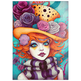 Darstellung des Puzzle Motivs Verspieltes Porträt einer Frau mit orangefarbenen Haaren und Blumenhut - Puzzleteile: 100