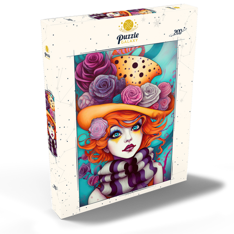 Darstellung des Puzzle Motivs Verspieltes Porträt einer Frau mit orangefarbenen Haaren und Blumenhut Whimsical Portrait of a Woman with Orange Hair and Floral Hat 200 Puzzle Schachtel Ansicht2